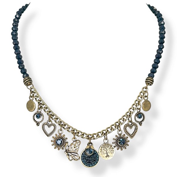 Colar curto c/ cristais, berloques e strass - azul marinho 12793