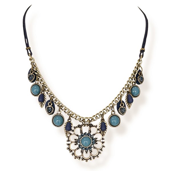 Colar curto com flor, berloques e strass - azul índigo 12577