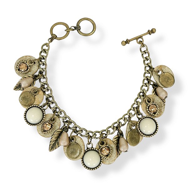 Pulseira c/ berloques e strass - off white e dourado 12808