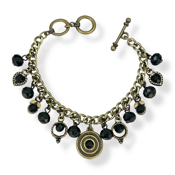 Pulseira c/ berloques de cristais e ptos de luz preta - 12775