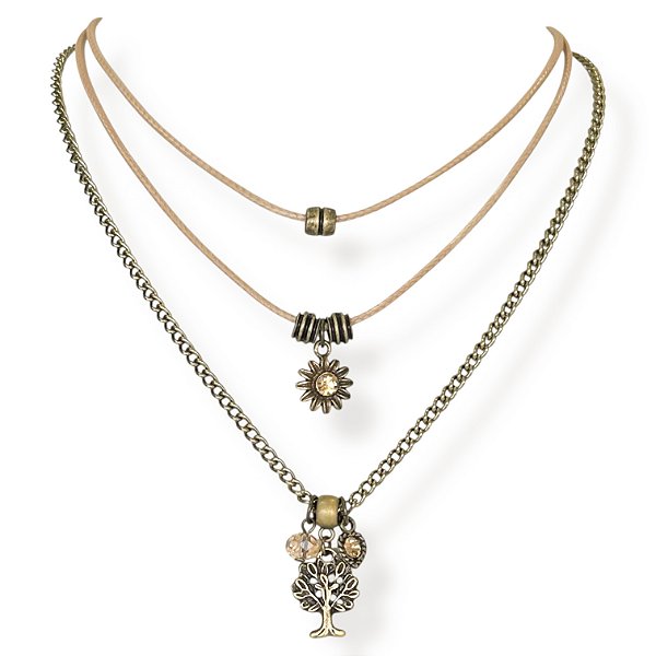 Colar curto 3 voltas c/ cordão, corrente e berloques bege e dourado - 12804