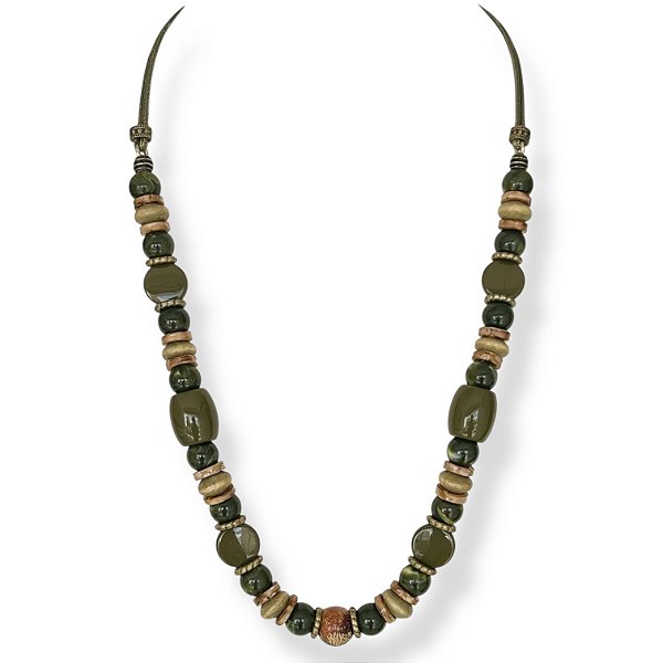 Colar médio c/ cordão, bolas, discos e tubos - verde oliva 12798
