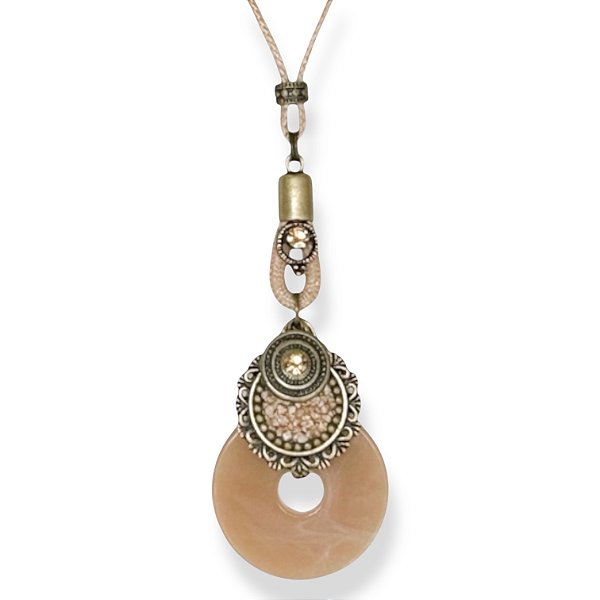 Colar longo de cordão ajustável c/ chapas de cascalho e resina bege e dourado - 12809