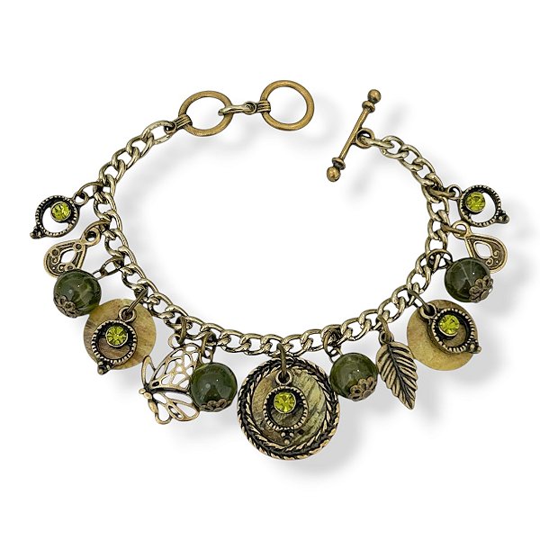 Pulseira c/ berloques e strass verde oliva - 12814