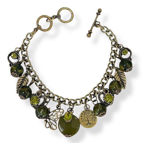 Pulseira c/ berloques e strass verde oliva - 12814