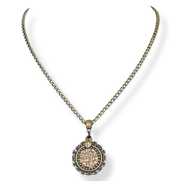 Colar curto corrente e mandala c/ cascalho e pto de luz - bege e dourado 12834