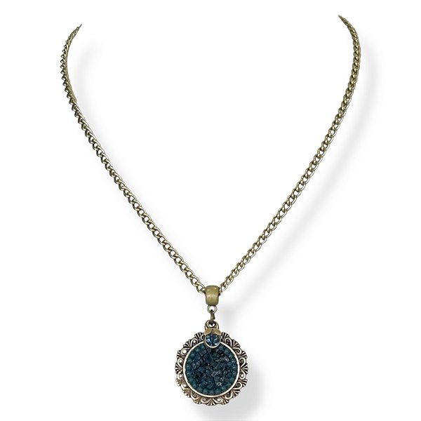 Colar curto corrente e mandala c/ cascalho e pto de luz - azul marinho 12835