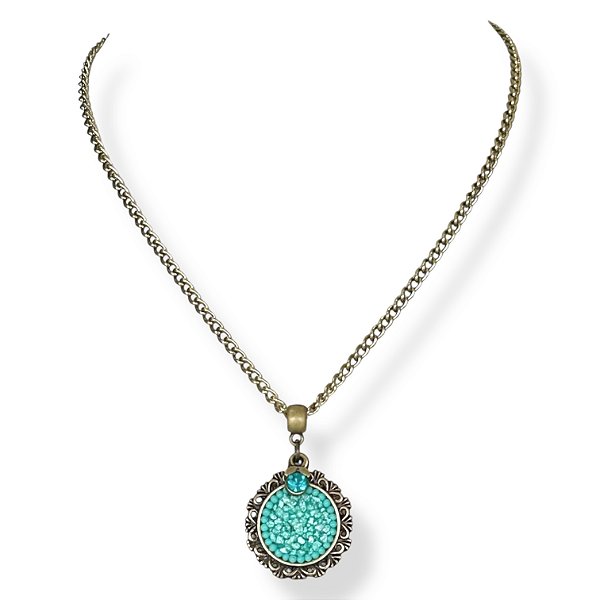 Colar curto corrente e mandala c/ cascalho e pto de luz - turquesa 12836