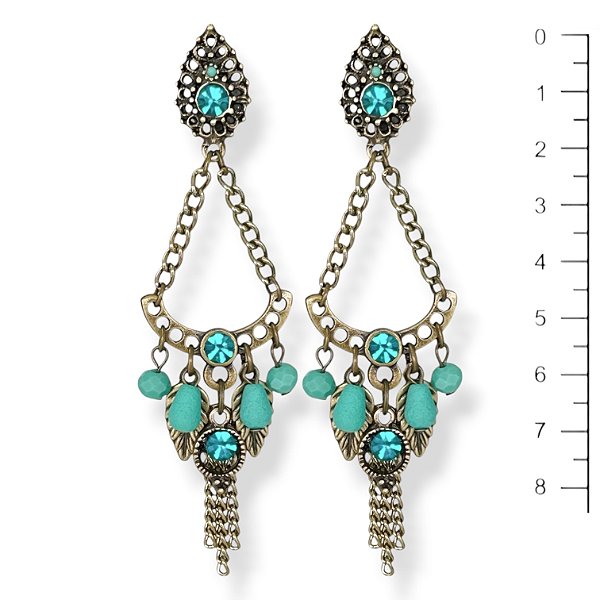 Brinco arco c/ correntes, folhinhas e ptos de luz turquesa - 12826