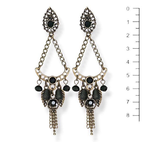 Brinco arco c/ correntes, folhinhas e ptos de luz preto - 12824