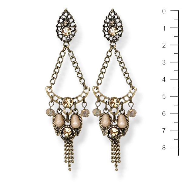 Brinco arco c/ correntes, folhinhas e ptos de luz bege e dourado - 12823