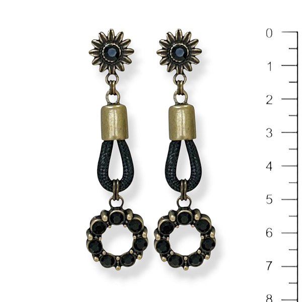 Brinco c/ gota de cordão e argola de strass preto - 12827