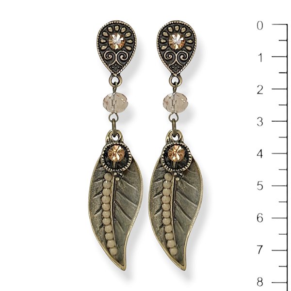 Brinco cristal, pto de luz e folha customizada bege e dourado - 12830