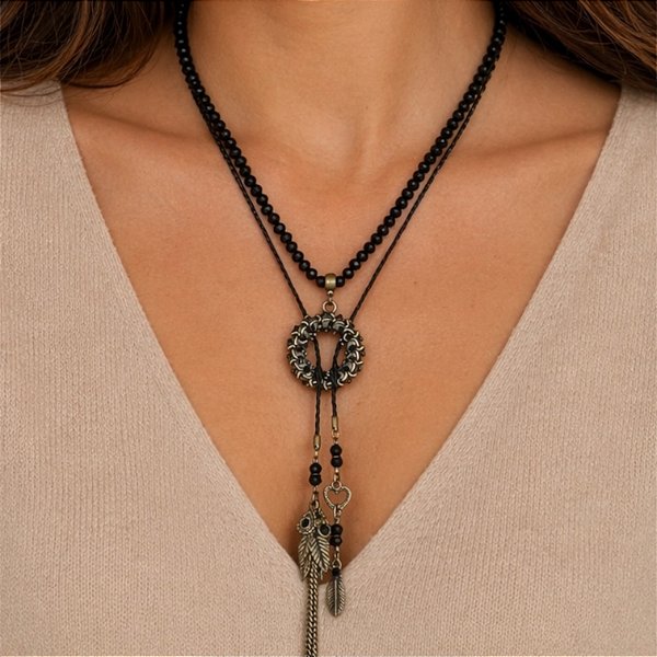 Colar de amarração versátil c/ cordão, cristais, argola de strass e berloques - preto 12843