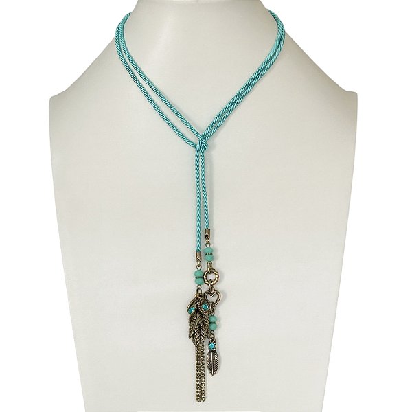 Colar de amarração versátil c/ cordão e berloques - turquesa 12838