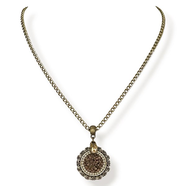 Colar curto corrente e mandala c/ cascalho e pto de luz - marrom e dourado 12857