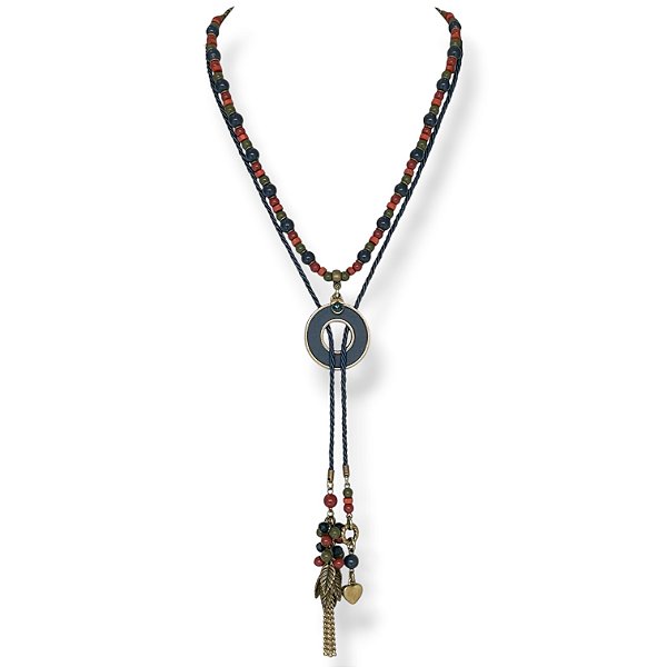 Colar de amarração versátil c/ cordão, contas, argola de couro e berloques - colorido 12856