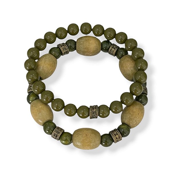 Kit c/ 2 pulseiras de bolas, entremeios e madeira - verde oliva 12878