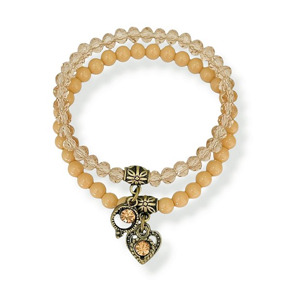Kit c/ 2 pulseiras de bolas, cristais e berloques - bege e dourado 12861