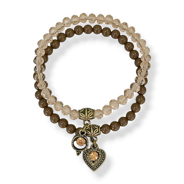 Kit c/ 2 pulseiras de bolas, cristais e berloques - marrom e dourado 12862