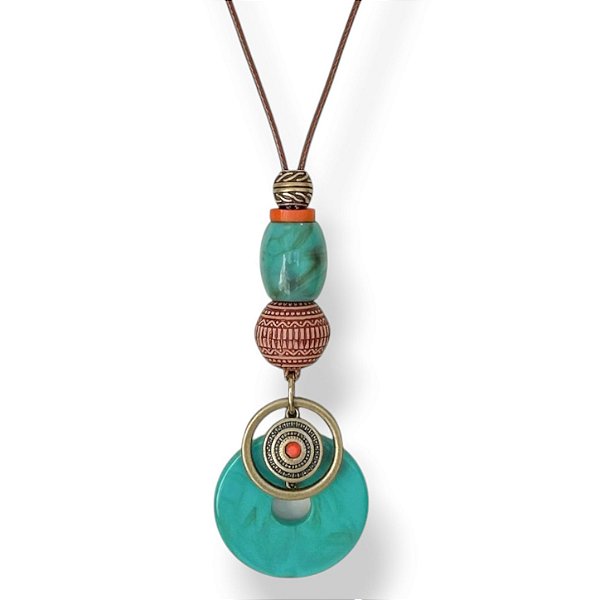 Colar longo de cordão ajustável c/ resinas e argolas - coral e turquesa 12768