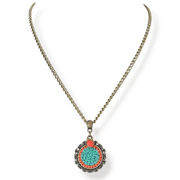 Colar curto corrente e mandala c/ cascalho e pto de luz - coral e turquesa 12871