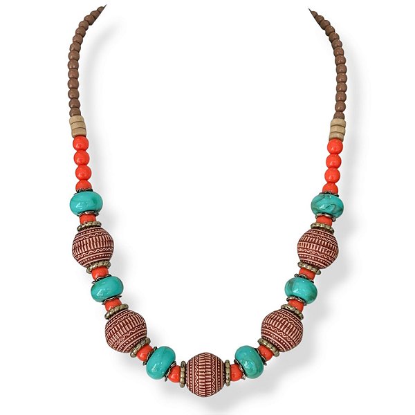 Colar médio c/ bolas e entremeios - coral e turquesa 12870