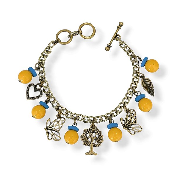 Pulseira c/ bolas, disquinhos e berloques - azul e amarelo 12895