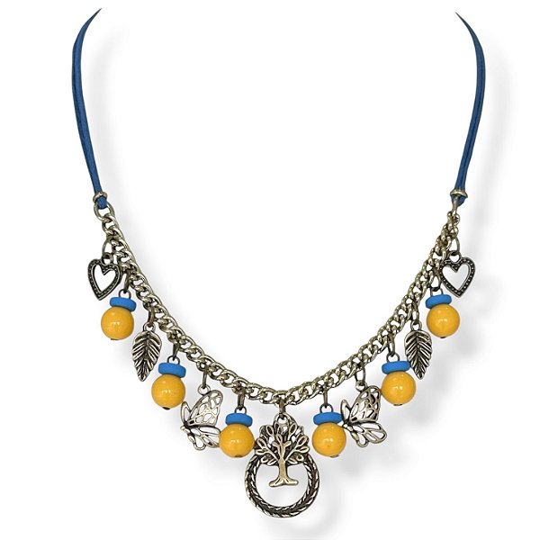 Colar curto c/ cordão, bolas, disquinhos e berloques - azul e amarelo 12894