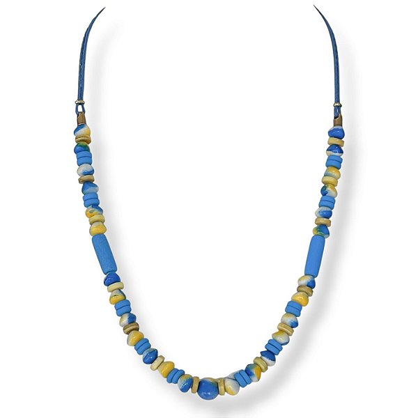 Colar médio c/ cordão, contas e disquinhos - azul e amarelo 12896