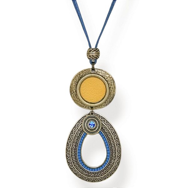 Colar longo cordão, chapa c/ couro e ping. gota - azul e amarelo 12900