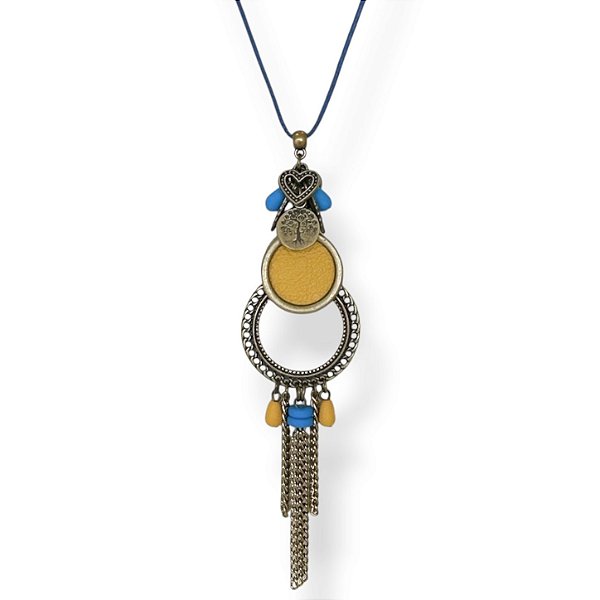 Colar longo de cordão ajustável c/ argola de couro e berloques - azul e amarelo 12891