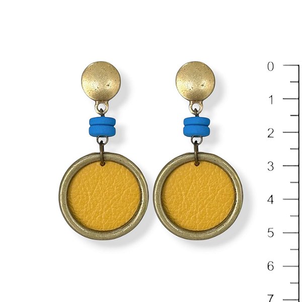 Brinco argola de couro azul e amarelo - 12892