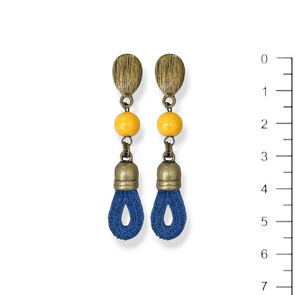 Brinco bola e gota de camurça azul e amarelo - 12902