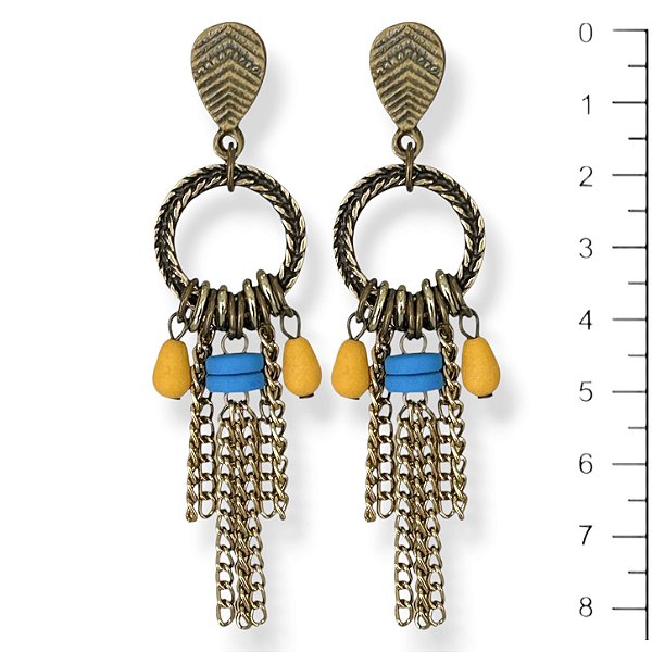 Brinco argola, correntes e berloques - azul e amarelo 12904