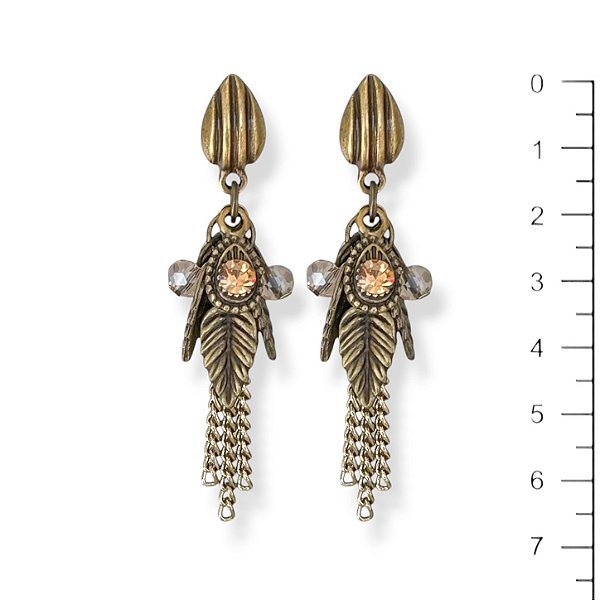 Brinco cachinho de folhinhas, cristais e correntes - dourado 12847