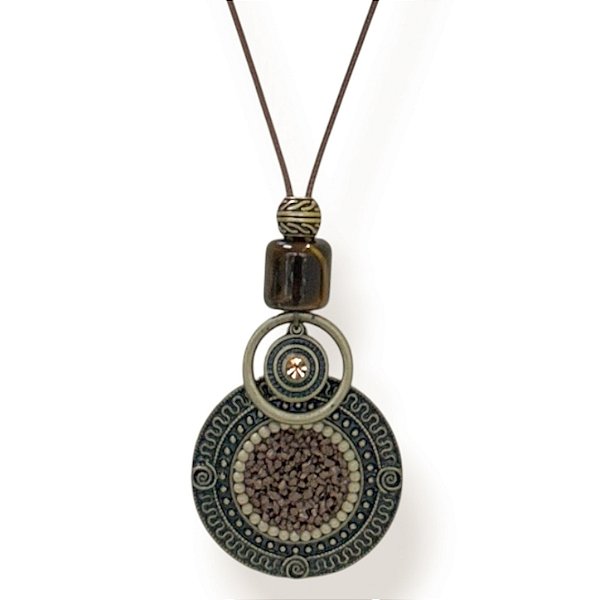 Colar longo de cordão ajustável c/ mandala cascalho - marrom 12890