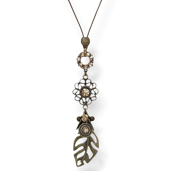 Colar longo de cordão ajustável c/ flor, folha costela de Adão e strass - marrom e dourado 12877