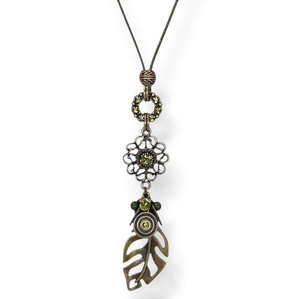 Colar longo de cordão ajustável c/ flor, folha costela de Adão e strass - verde oliva 12876