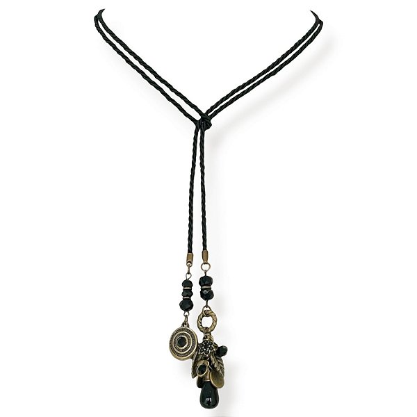 Colar de amarração versátil c/ cordão, cristais e berloques - preto 12875