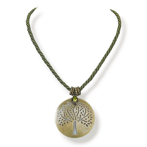 Colar curto cordão, pto de luz e ping. árvore da vida - verde oliva 12882