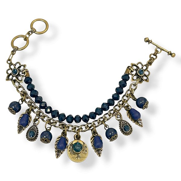 Pulseira 2 voltas c/ cristais, ptos de luz e berloques - azul marinho 12914