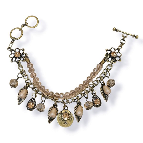 Pulseira 2 voltas c/ cristais, ptos de luz e berloques - bege e dourado 12915