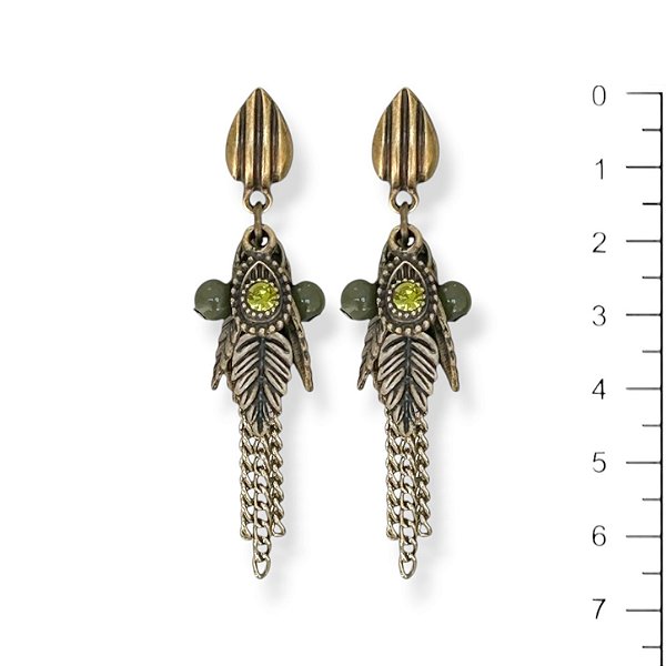 Brinco cachinho de folhinhas, cristais e correntes - verde oliva 12844