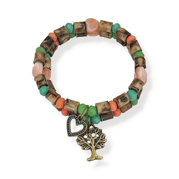 Kit c/ 2 pulseiras de contas, cristais ping. coração e árvore da vida - colorido 12926