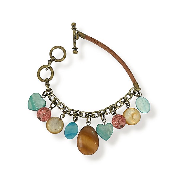 Pulseira c/ cordão de couro, corrente e madrepérolas coloridas - 12931