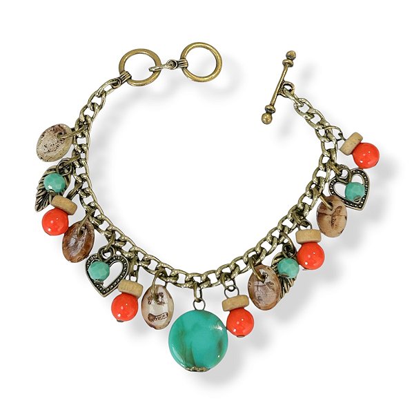 Pulseira c/ berloques coral e turquesa - 12939