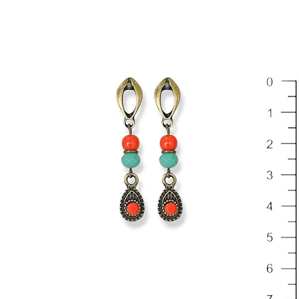 Brinco bola, cristal e gotinha coral e turquesa - 12953