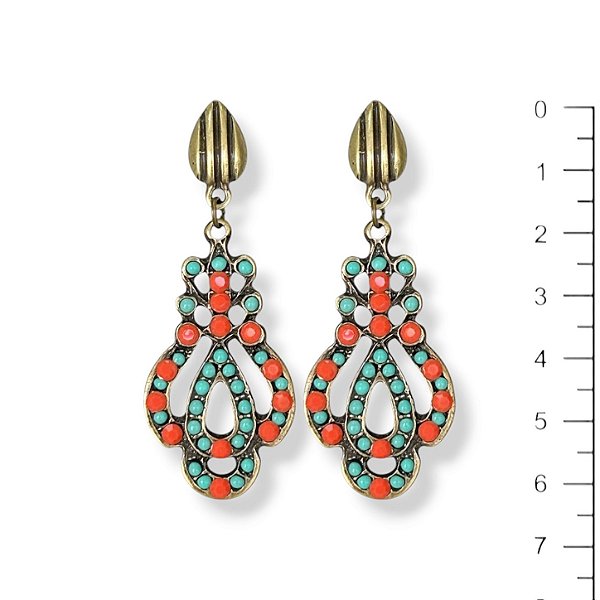 Brinco c/ bolinhas e strass coral e turquesa - 12948