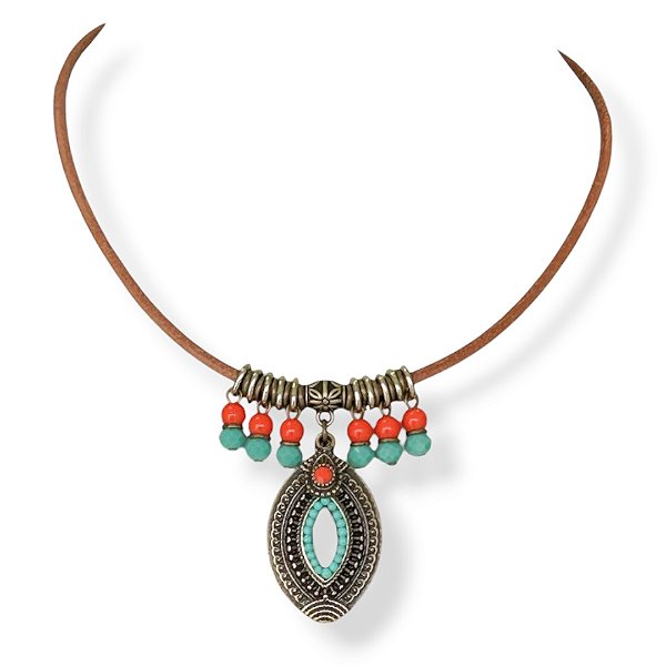 Colar curto c/ cordão de couro, ping. metal e berloques coral e turquesa - 12952